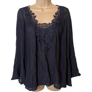 Zac & Rachel Top Womens Medium Blue Gauze Semi-Sheer Flowy Crochet Neckline Boho